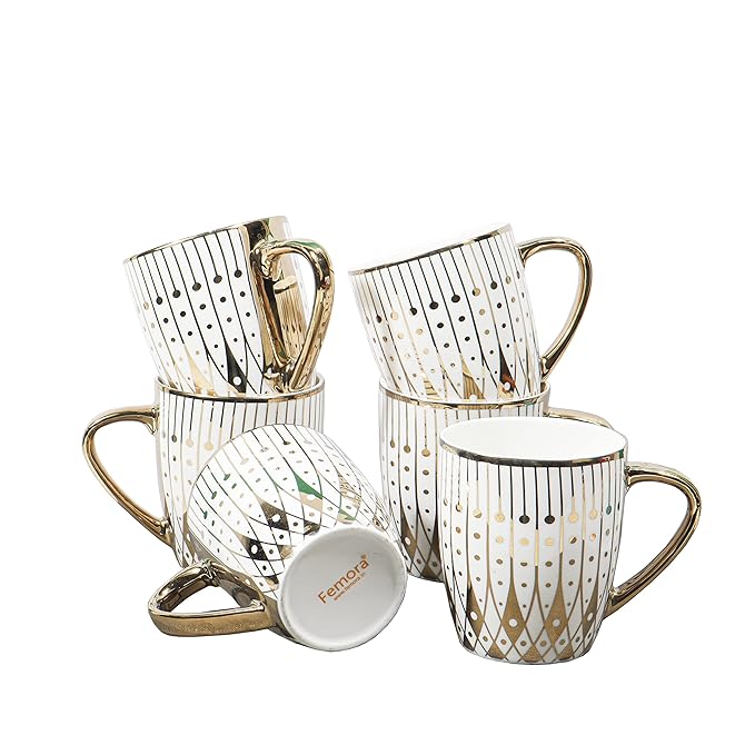 Femora Gold Modern Pattern With White Background Golden Coffee Mugs| 160 Ml | Golden | 6 Pcs Set | Not Microwave Safe