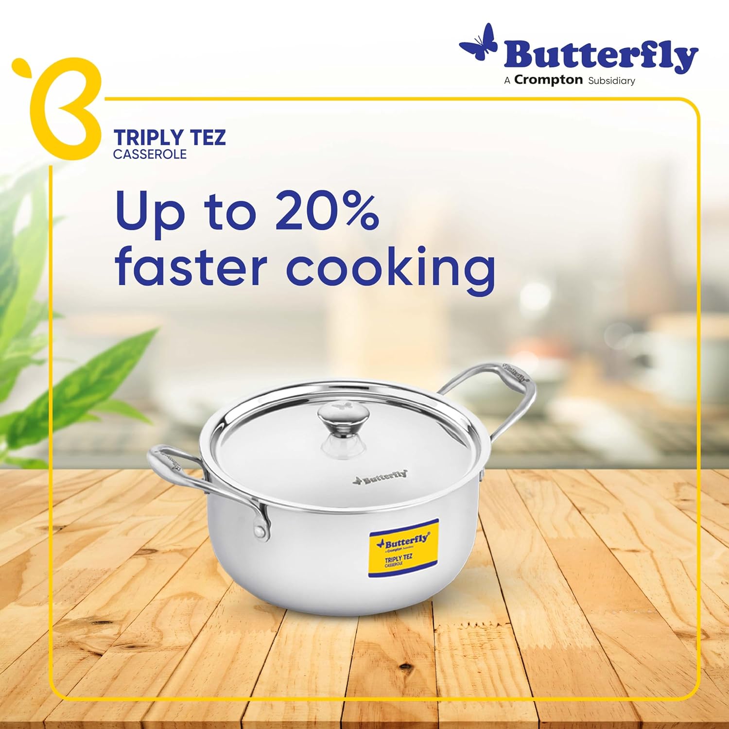 Butterfly Tez Triply Casserole | 3 Litres| Stay Cool Handle | Induction Compatible
