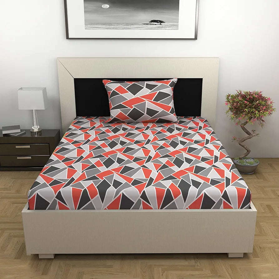 Divine Casa 144 TC 100% Cotton Bedsheet for Single Bed with 1 Pillow Cover Colour Red Grey