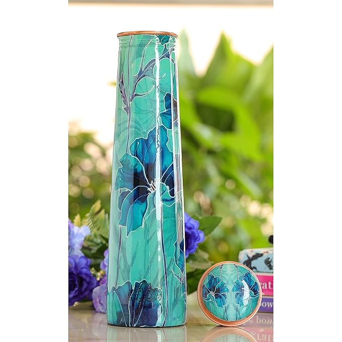 Indian Art Villa Copper Tube Slim Bottle In Green Leaf Print