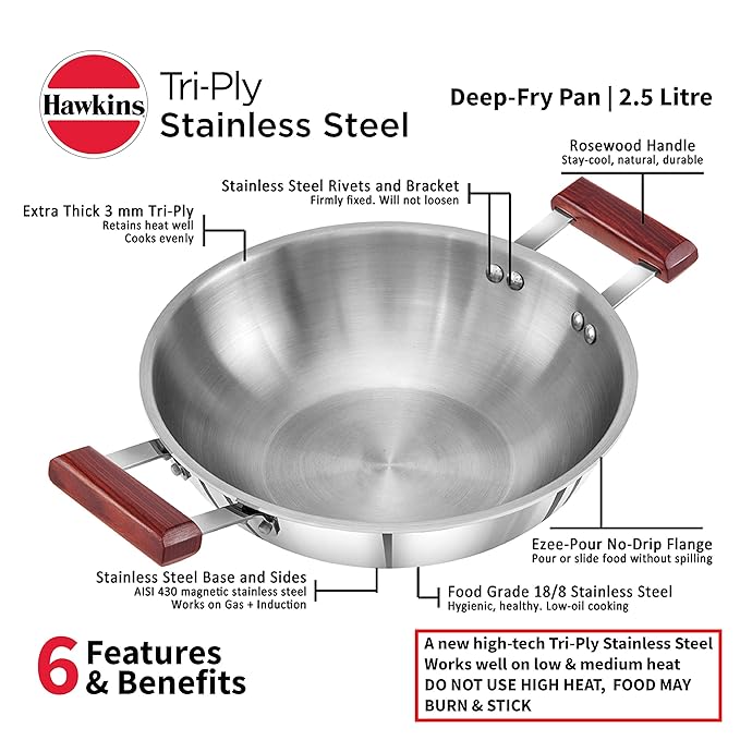 Hawkins 2.5 Litre Deep Fry Pan Triply Stainless Steel Kadai