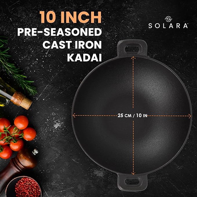 Solara Crownstone Premium Cast Iron Kadai 25 Cm, 2.1 Kg | Naturally Nonstick Cast Iron Kadai With 2 Loop Handles