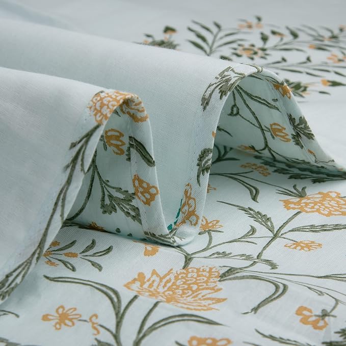 Huesland 100% Cotton Reversible Dohar Single Bed Cotton | Soft Cambric Weave, All Weather Light Ac Blanket | Botanical Fusion - Celest Blue, Green & Mustard