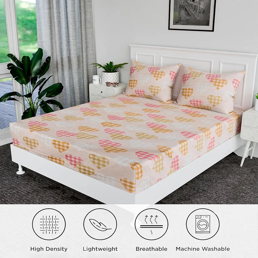 Kuber Industries Double Bedsheet Premium Cotton with 2 Pillow Covers Heart-Design Bedsheet Pink