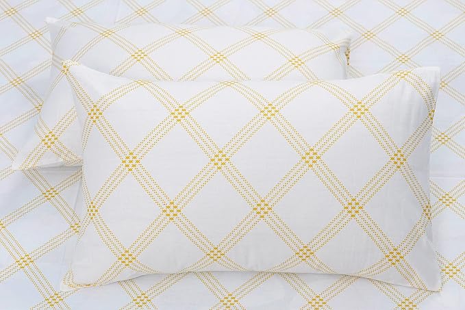 Huesland by Ahmedabad Cotton 186 TC Bedsheet for King Size Bed with 2 Pillow Covers | White (Yellow Pattern)
