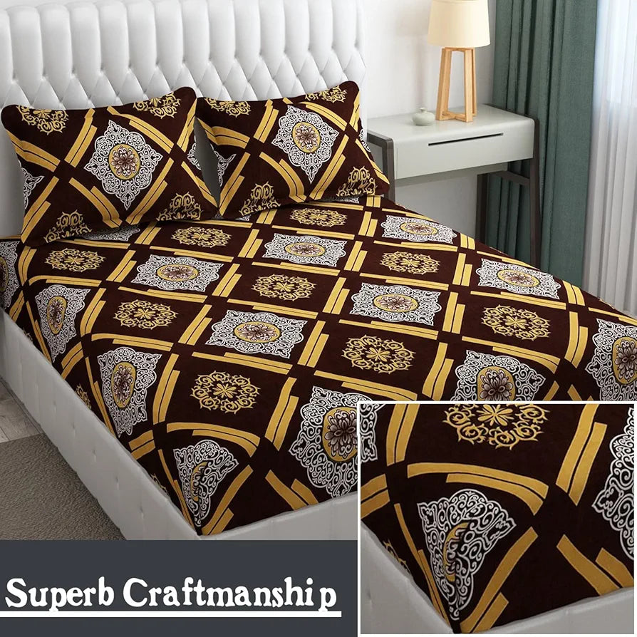 Fresh From Loom Wrinkle Free Hypo-Allergenic Microfiber King Bedsheet For Double Bed Floral Design Bed Spread With 2 Pillow Covers 144 TC Dark Brown