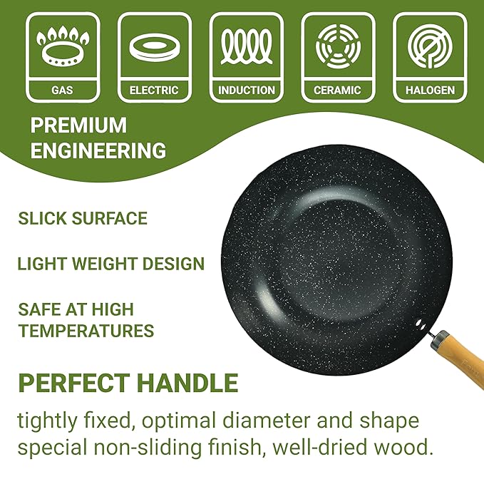 Femora Carbon Steel Wok 28 Cm With Wooden Handle | 3 Layer Non-stick Coating Wok | Black