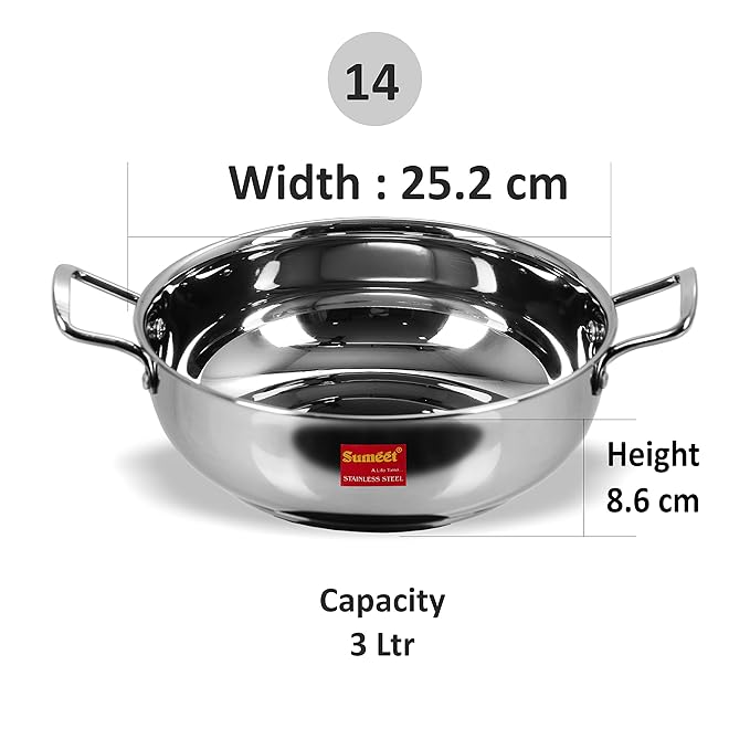 Sumeet Stainless Steel Induction Bottom Induction & Gas Stove Friendly Kadhai Size 14 (3 Ltr)