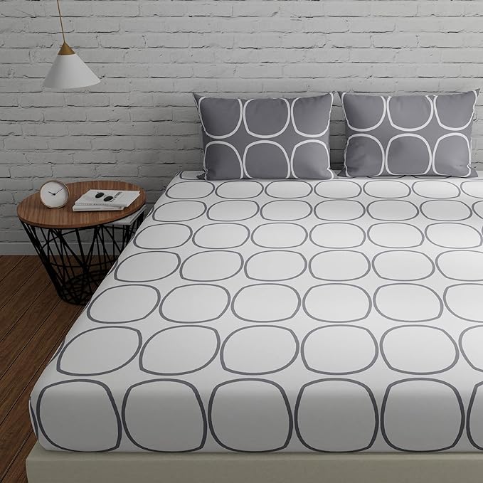 Huesland by Ahmedabad Cotton 144 TC Bedsheet for King Size Bed with 2 Pillow Covers | White & Grey