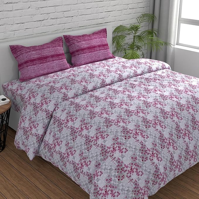 Huesland by Ahmedabad Cotton 144 TC King Size Bedsheet Cotton with 2 Pillow Covers | Grid | Burgundy, Grey & White