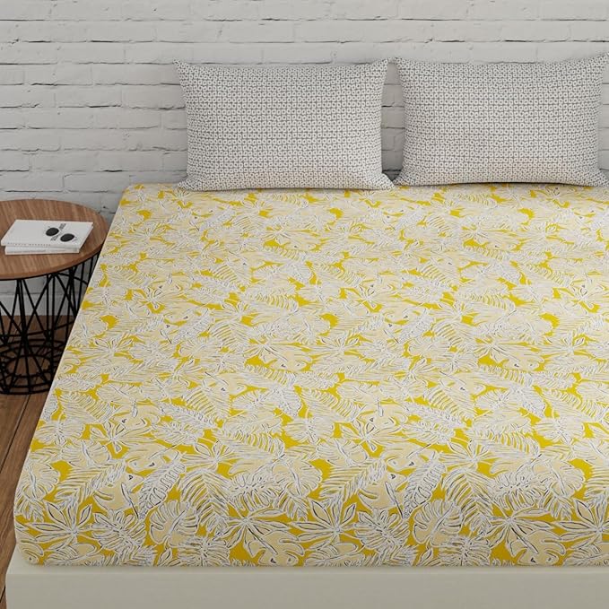 Huesland by Ahmedabad Cotton 144 TC King Size Bedsheet Cotton with 2 Pillow Covers | Yellow & Grey