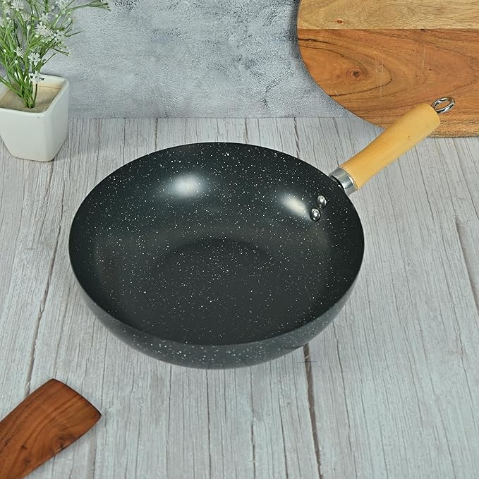 Femora Carbon Steel Wok 28 Cm With Wooden Handle | 3 Layer Non-stick Coating Wok | Black