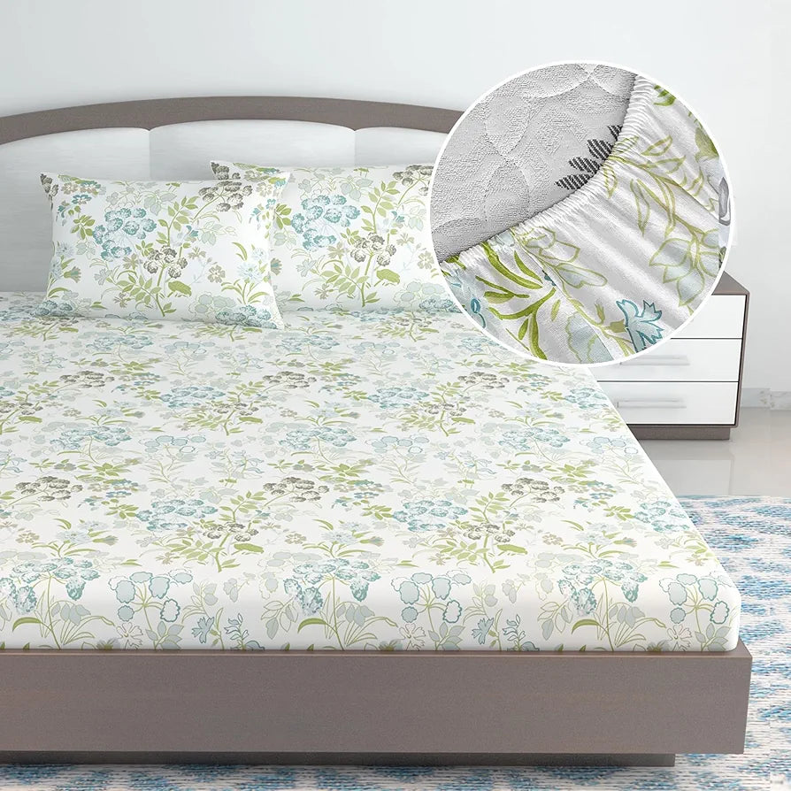 Divine Casa 144 TC 100% Cotton Floral Print Green Super Soft Bedsheet Elastic Fitted King Size Bed Colour Mineral Green