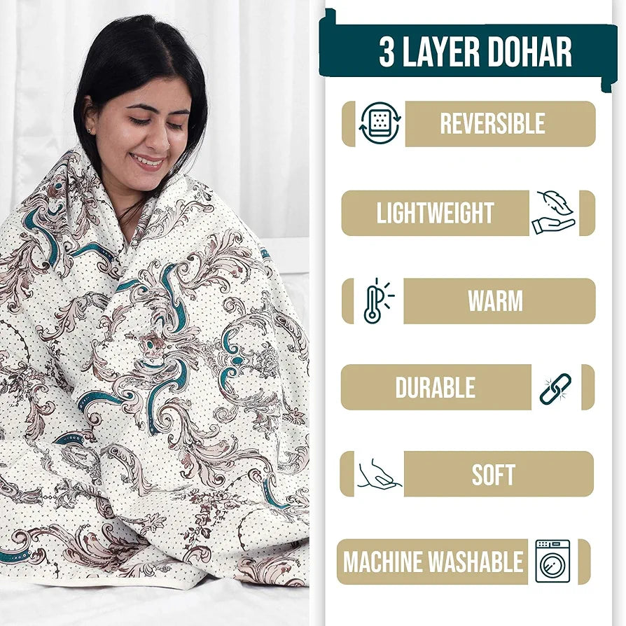 Divine Casa Glace Cotton 120 GSM Reversible Lightweight Printed Double Bed AC Dohar Blanket Quilt TC - 120 Colour Beige and Brown
