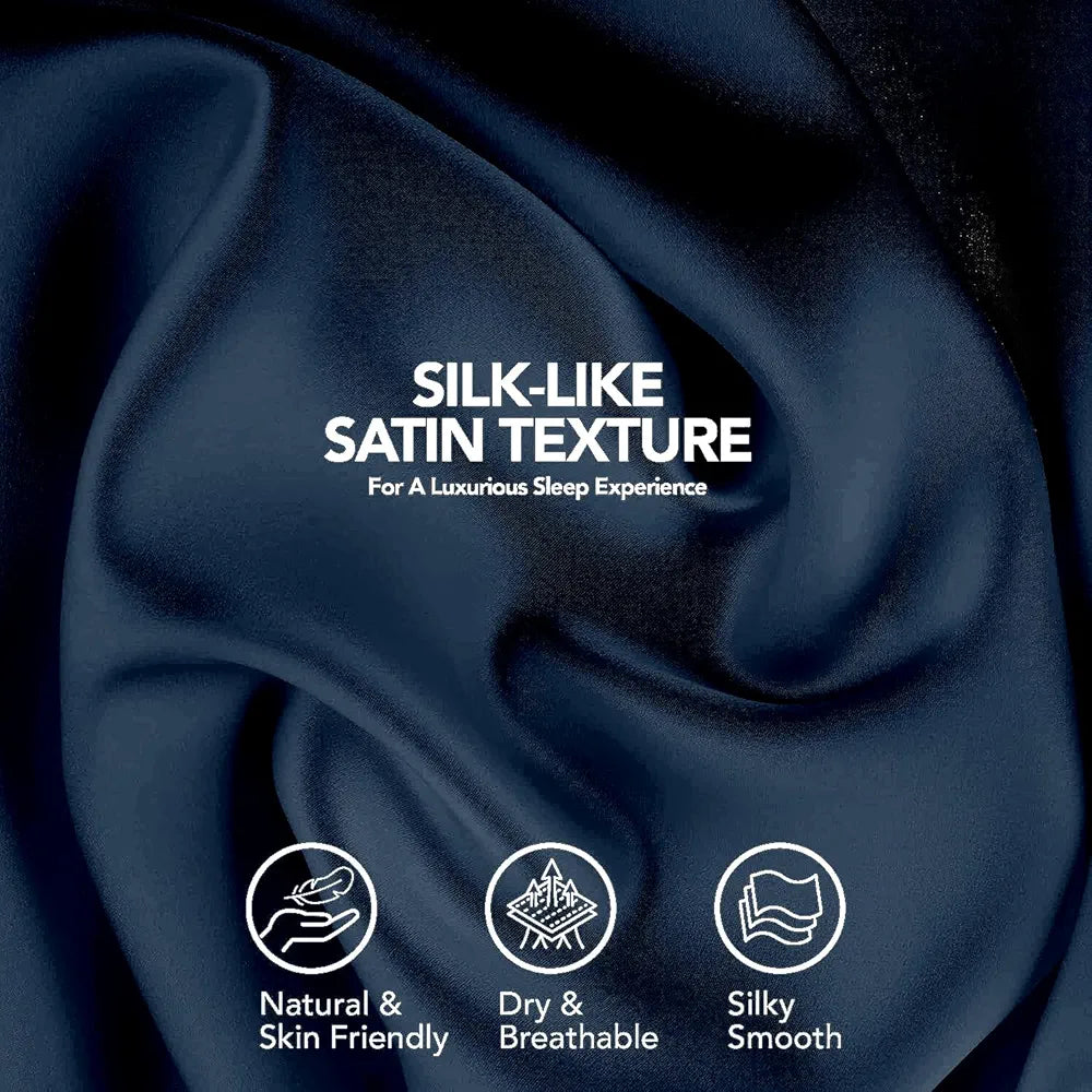 Cloth Fusion Satin Pillow Cover Set of 2 Pillow case with 3 Satin Soft Scrunchies Navy Colour