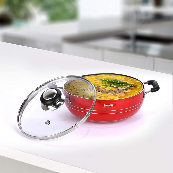 Sumeet 2.6mm Non Stick Glasso Deep Kadhai with Glass Lid1.5 Ltr - 20cm Dia (Red)
