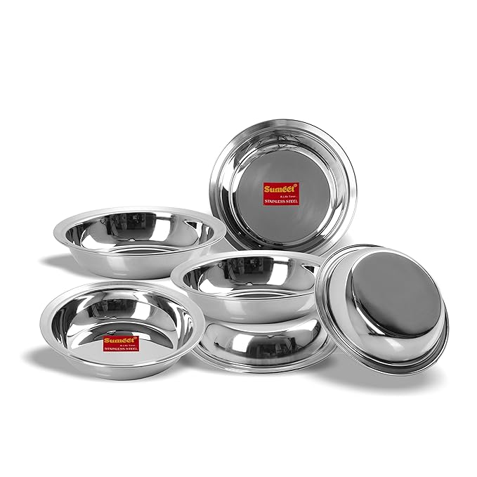 Sumeet Stainless Steel Heavy Gauge Multi Utility Serving Plates with Mirror Finish 19cm Dia Set of 6pc