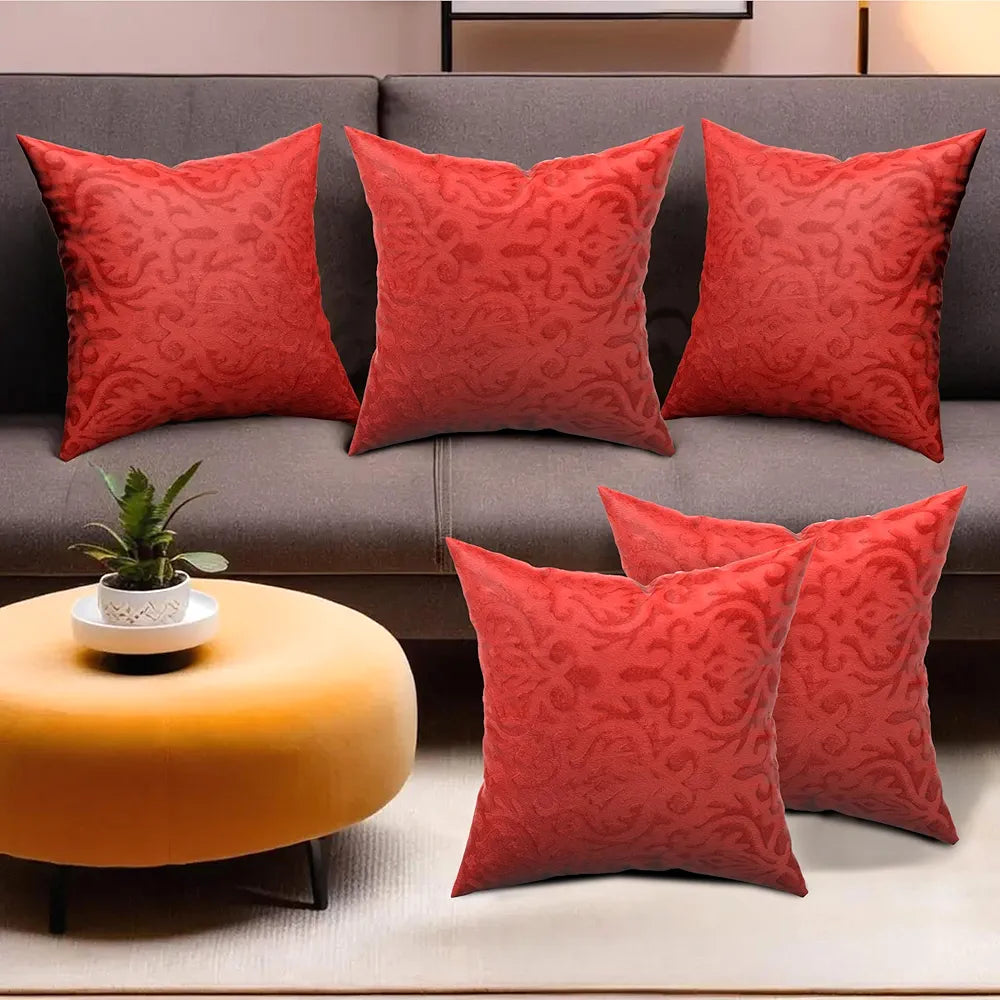 Kuber Industries Set of 5 Washable & Removable Velvet Sofa Pillow Covers with Zip Floral Design Red