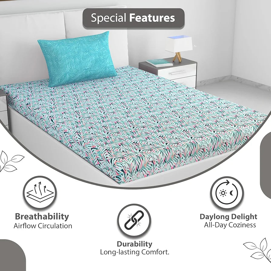 Divine Casa 144 TC 100% Pure Cotton Single Bedsheet with 1 Pillow Cover Floral Leaf Pattern Colour Soft Pink Blue