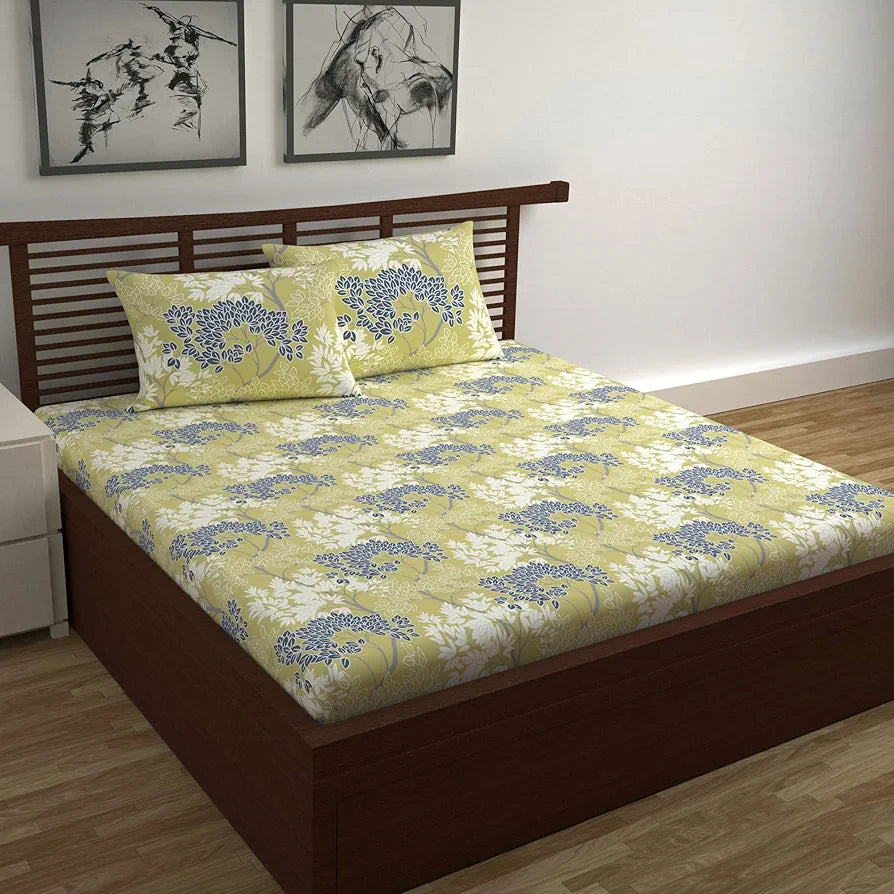 Divine Casa 144 TC Super Soft 100% Cotton Bedsheet for Double Bed  144 Thread Count Floral Lemon Drop