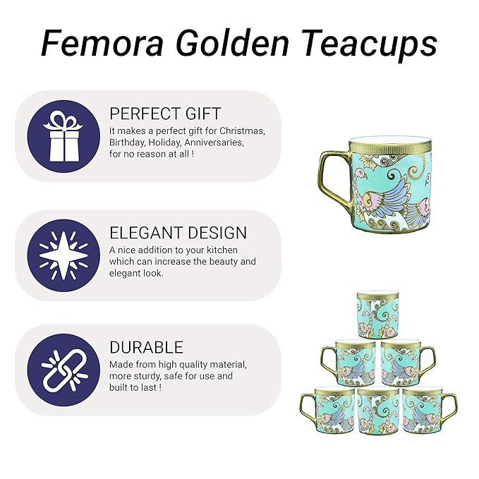 Femora Bone China Gold Tea Cup | Dancing Peahens | 180 Ml