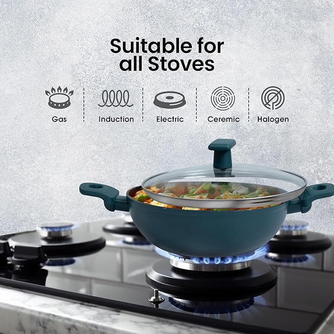 Solara 24 Cm, 2.4 Litres Non Stick Kadai, Granite Stone Kadhai With Glass Lid, Kadai With Lid for Cooking | Bezel