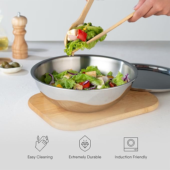 Stahl Artisan Triply Stainless Steel Tasla With Lid | Kadhai Without Handle | Induction & Gas Stove Compatible | 1.2 L | 18 Cm