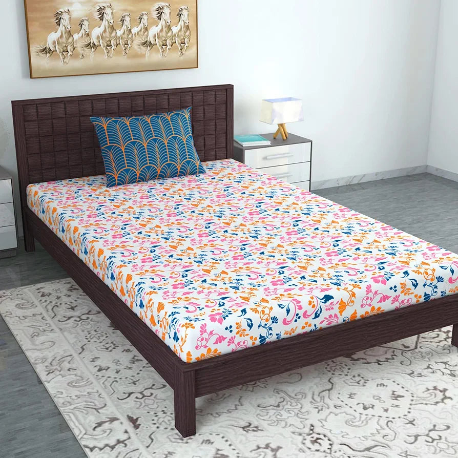 Divine Casa Bedsheet for Single Size Bed 144 TC Cotton Bedsheet for Single Size Bed with 1 Pillow Cover  Floral Colour Peach Blue