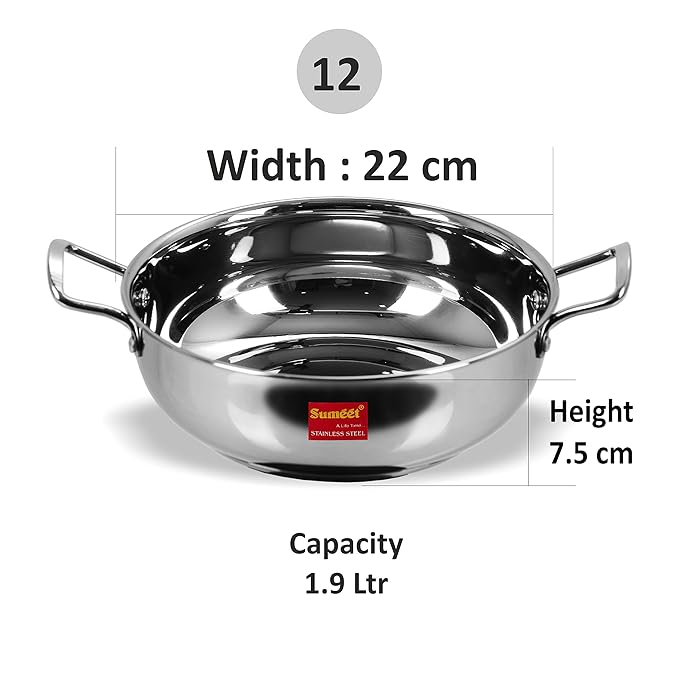 Sumeet Stainless Steel Induction Bottom nduction & Gas Stove Friendly Kadhai Size12 (1.9 Ltr)