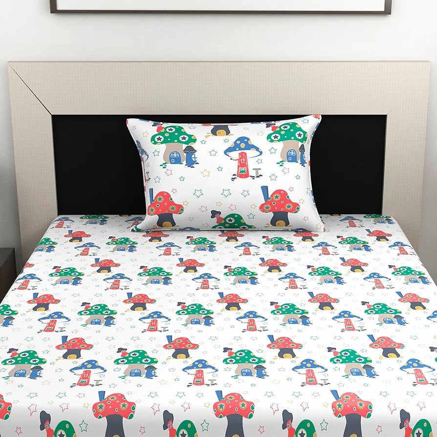 Divine Casa 144 TC 100% Cotton Single Bedsheet with 1 Pillow Cover Abstract Pattern Colour Rosin White