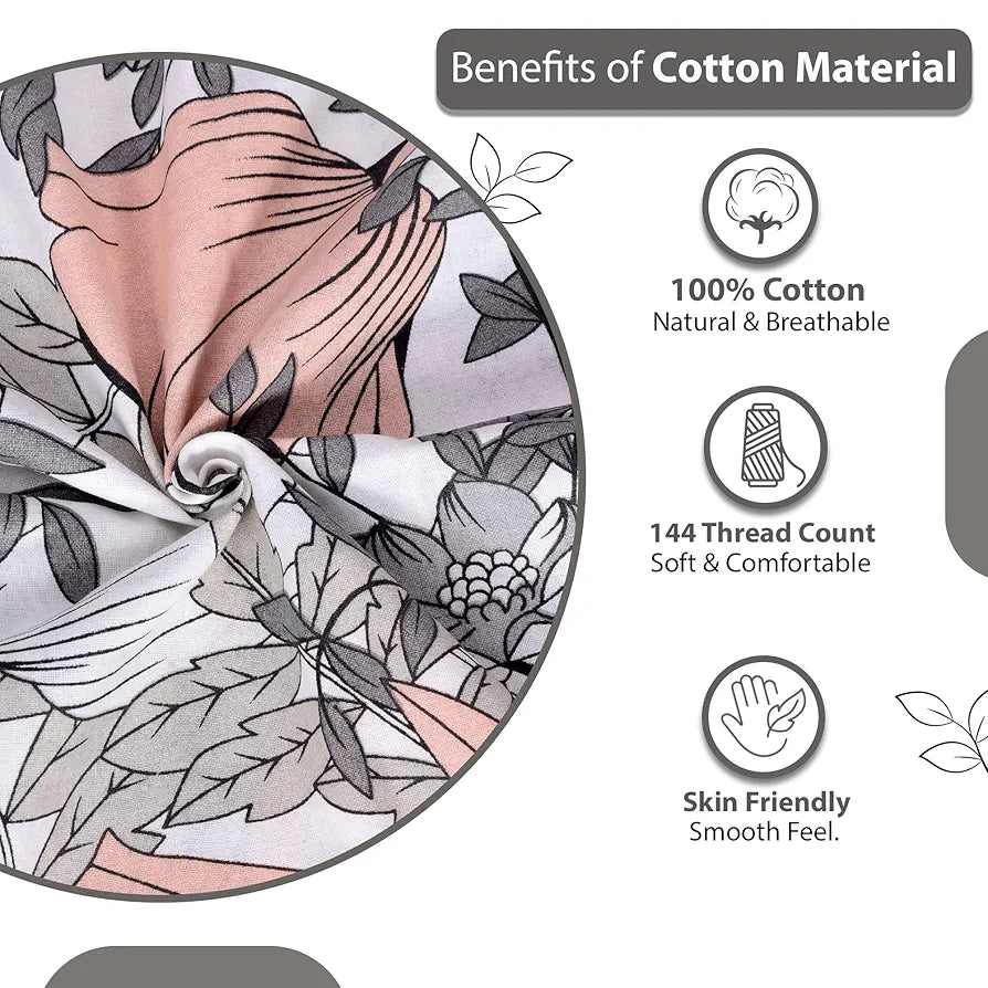 Divine Casa 144 TC Pure Cotton Single Bedsheet with 1 Pillow Cover Floral Pattern Colour Blush Grey