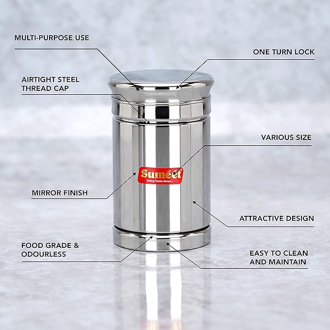 Sumeet Stainless Steel Circular Vertical Storage Container set of 2 Pc| 450ml Each |7.3cm Dia, Silver