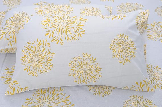Huesland by Ahmedabad Cotton 144 TC Cotton Bedsheet for Double Bed King Size with 2 Pillow Covers | White (Yellow Print)