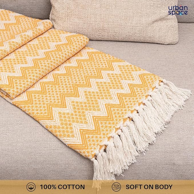 Urban Space Handmade Pure Cotton Sofa Throw Blanket Soft Decorative Throw for Living Room Colour Geometric Yellow