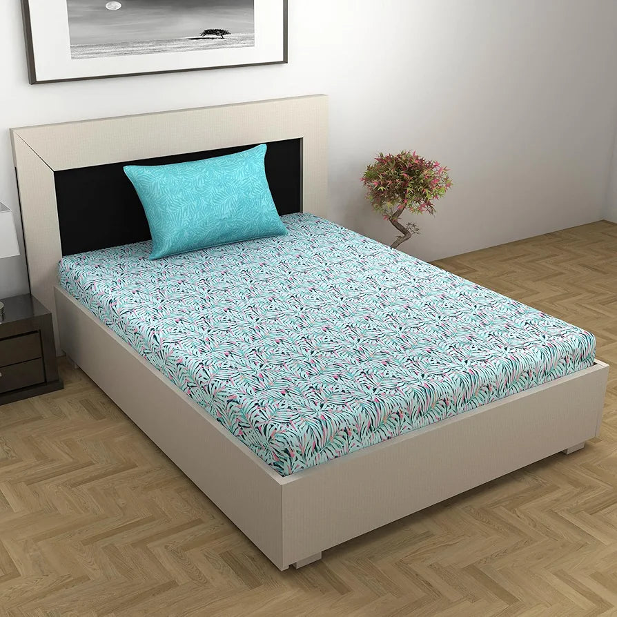 Divine Casa 144 TC 100% Pure Cotton Single Size Bedsheet with 1 Pillow Cover Tropical LeafColour Light Blue Pink