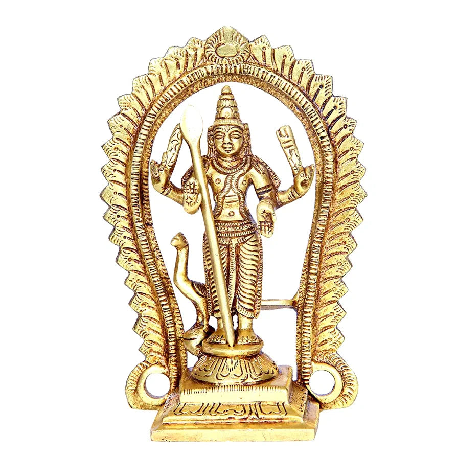 anciently Brass Murugan Idol/Lord Kartikeya Statue/Subrahmanya Swami Idol, 12.5cm Height, Gold Colour - 