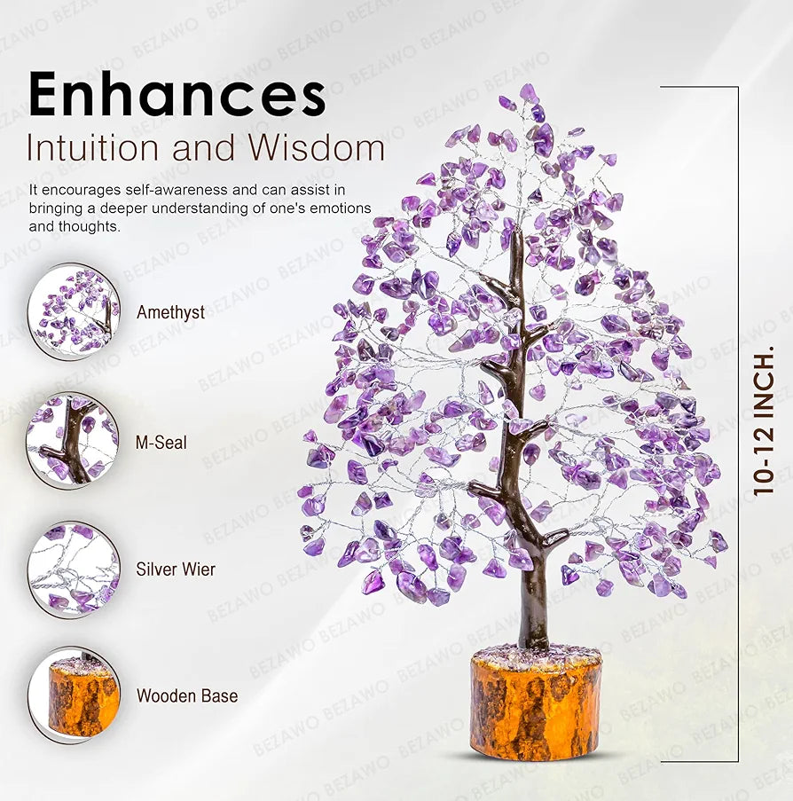 Bezavo Amethyst Gemstone Crystal Tree – Good Luck Showpiece for Home Decor Bonsai Money Tree for Prosperity & Decoration – 10-12 Inch