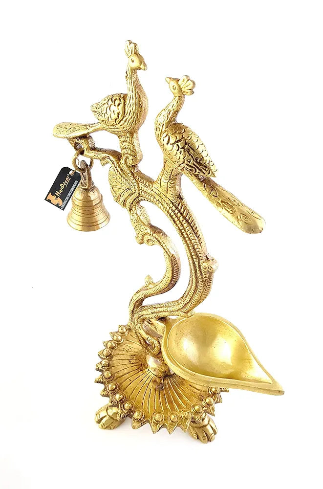 Two Moustaches Brass Ethnic Carved Twin Peacock Design Over Diya