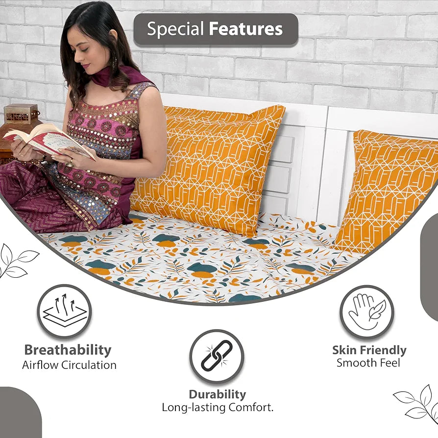 Divine Casa 144 TC Cotton Bedsheet for Single Bed with 1 Pillow Cover Colour Teal Mustard