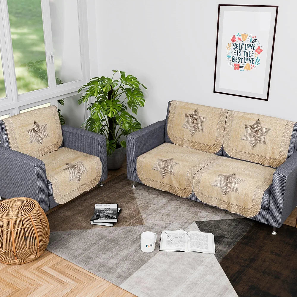 Kuber Industries Set of 6 Durable 2+1 Seater Sofa Cover for Living Room Star Print Cream & Brown