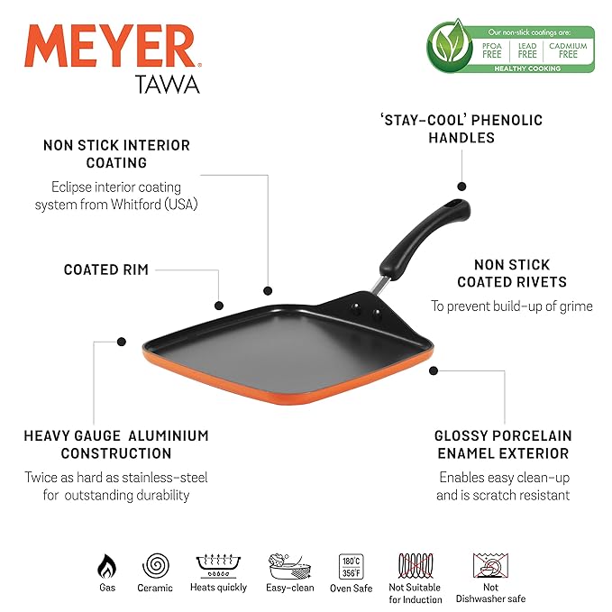 Meyer Non Stick Aluminium Square Tawa 28 cm Orange