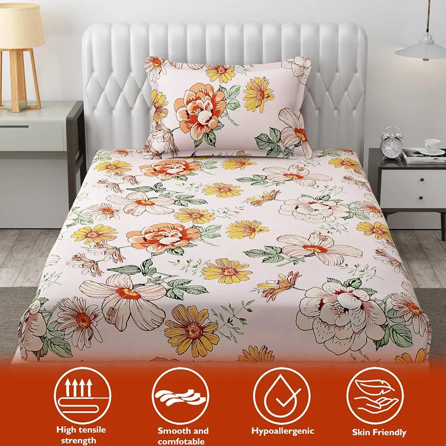 Fresh From Loom Floral Print Microfiber Single Bed Bedsheet Set Anti Fade 240 TC 1 Pillow Covers Soft-Pink