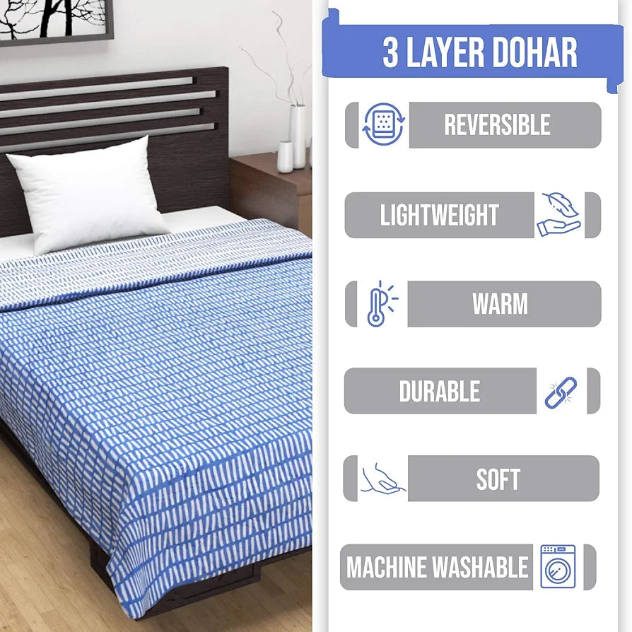 Divine Casa 120 GSM Cambric Cotton Reversible Lightweight Printed Single Bed AC Blanket Dohar TC - 120 Stonewash