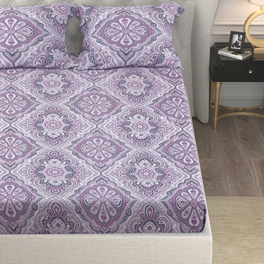 Cloth Fusion Glace Cotton Bed Sheet King Size Bed with 2 Pillow Covers 150 TC Floral Bedsheet Mauve Mandalas Colour