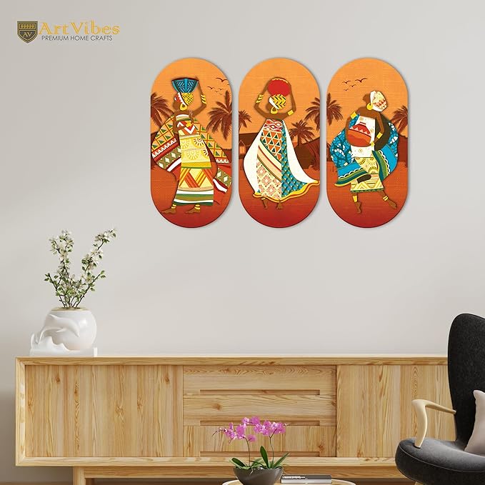 Artvibes African Women Dancing Wooden Wall Hanger for Home | Set of 3