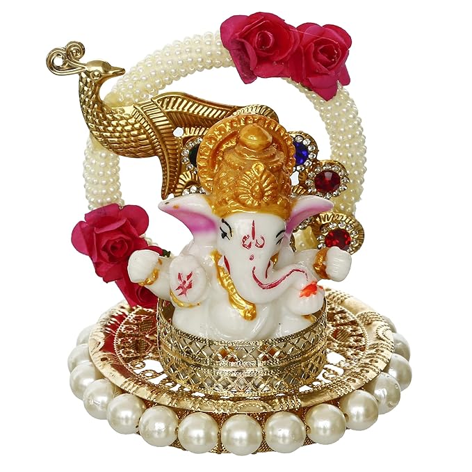 Ecraftindia Resin Lord Ganesha Idol on Peacock Decorative Plate | Ganesha Idol for Home Decor