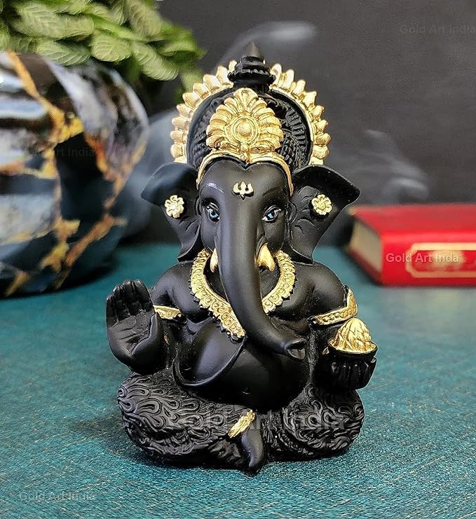Gold Art India Terracotta Black Ganesh Idol for Car Dashboard Small Ganesha Murti Ganpati Idol