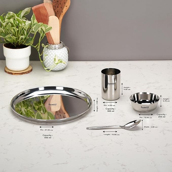 Sumeet Stainless Steel Heavy Gauge Mirror Finish Dinner Set of 8 Pcs Silver