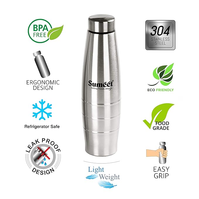 Sumeet Ovatus Stainless Steel Leak-Proof Water Bottle/Fridge Bottle - 1000 ml - 1pc