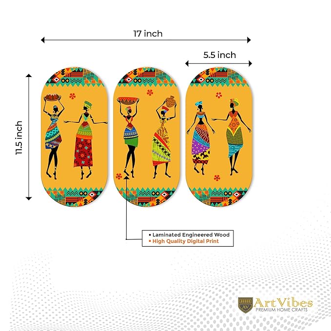 Artvibes African Warli Art Wooden Wall Hanging Decoration Items for Home | Set of 3